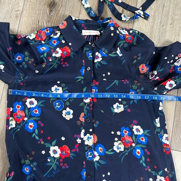 Tory Burch Gabrielle Silk Drop Waist Blue Pansy Floral Shirt Dress Blue - Picture 11 of 14